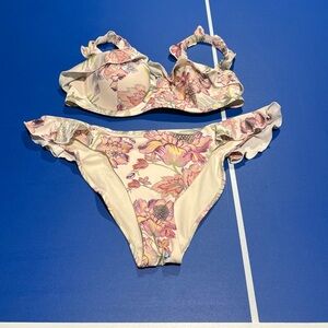 HM FLORAL BALCONETTE BIKINI BRA TOP & BOTTOMS GREEN PURPLE RUFFLES SUMMER BEACH